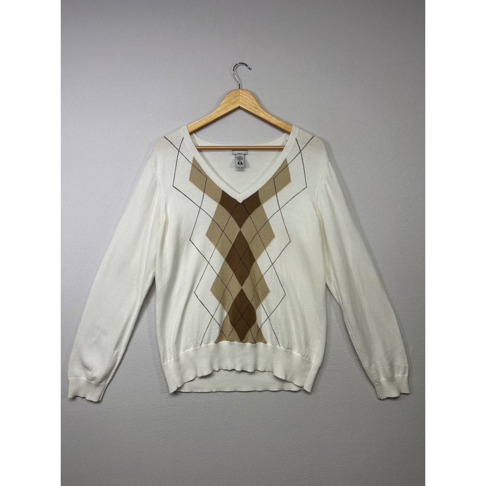 Preppy IZOD Golf Womens XL White Brown Argyle V-Neck 100% Cotton Sweater
